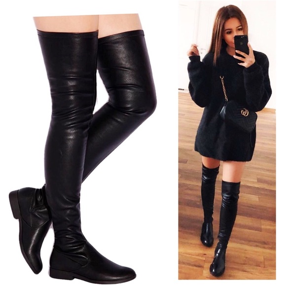 black faux leather thigh high boots